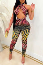 Multicolor Fashion Sexy Print Hollowed Out Backless Halter Skinny Jumpsuits