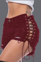 Burgundy Sexy Patchwork Frenulum Skinny Mid Waist Pencil Solid Color Bottoms