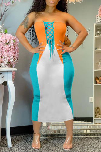 Orange Sexy Casual Patchwork Backless Strap Design Strapless Sleeveless Dress