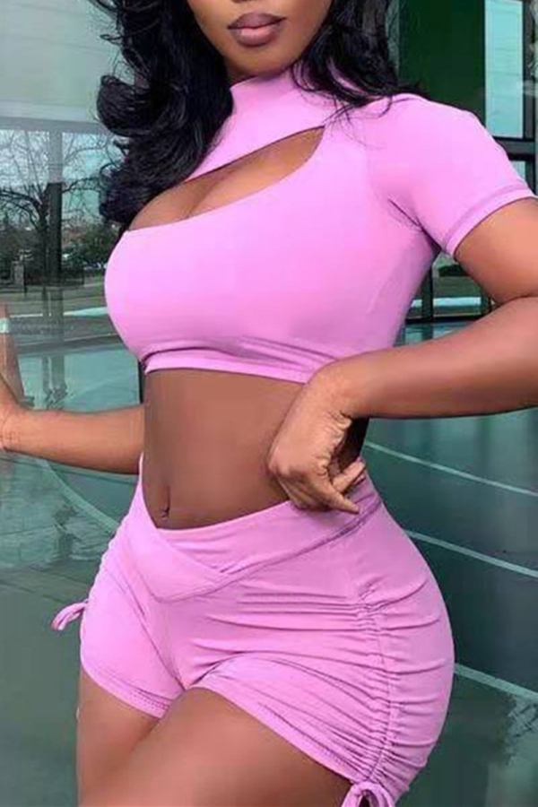 Pink Sexy Casual Solid Hollowed Out Half A Turtleneck Short Sleeve Two Pieces