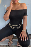 Black Sexy Casual Solid Backless Off the Shoulder Skinny Romper (Without Waist Chain)
