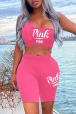 Pink Sexy Casual Letter Print Backless One Shoulder Sleeveless Two Pieces