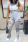 Grey Fashion Casual Solid Ripped O Neck Regular Jumpsuits