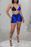 Blue Fashion Sexy Patchwork Backless Halter Sleeveless Two Pieces