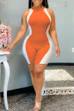 Orange Fashion Casual Patchwork Basic O Neck Skinny Romper