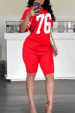 Red Fashion Casual Print Basic O Neck Short Sleeve Two Pieces