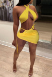Yellow Sexy Solid Bandage Draw String Backless Halter Sleeveless Two Pieces