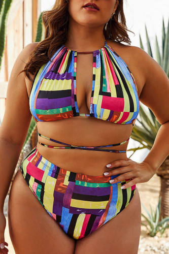 Colour Fashion Sexy Print Backless Strap Design O Neck Plus Size Swimwear