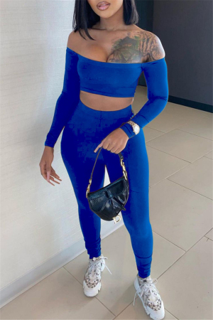 Royal Blue Fashion Sexy Solid Backless Off the Shoulder Long Sleeve Two Pieces