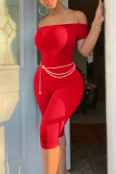 Red Sexy Casual Solid Backless Off the Shoulder Skinny Romper (Without Waist Chain)