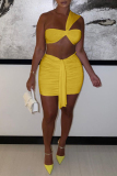 Yellow Sexy Solid Backless Strapless Sleeveless Two Pieces