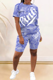 Grey Fashion Casual Letter Camouflage Print Basic O Neck Short Sleeve Two Pieces
