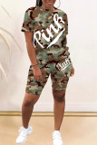 Green Fashion Casual Letter Camouflage Print Basic O Neck Short Sleeve Two Pieces