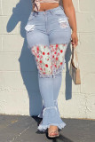 Baby Blue Fashion Casual Patchwork Ripped High Waist Regular Jeans