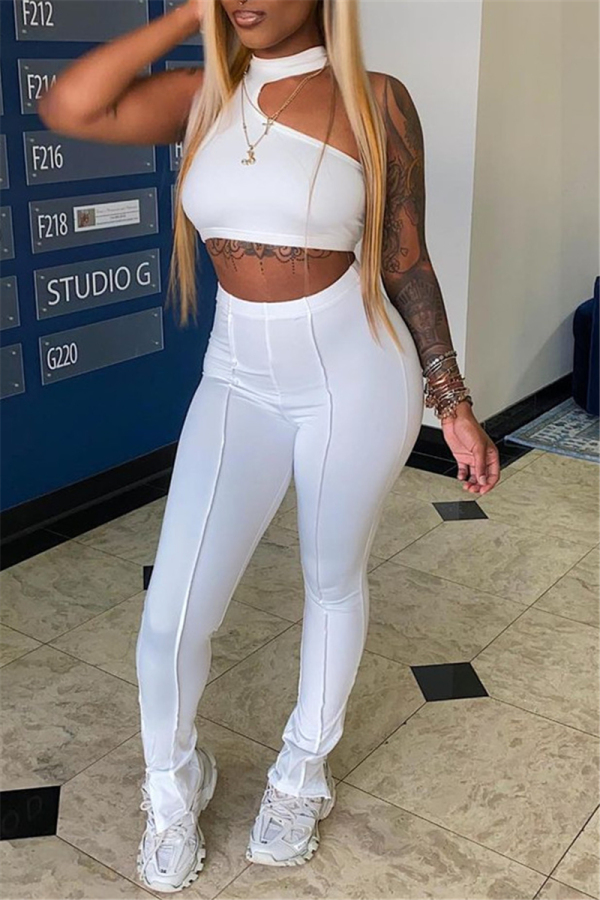 White Sexy Casual Solid Hollowed Out Half A Turtleneck Sleeveless Two Pieces