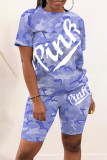 Green Fashion Casual Letter Camouflage Print Basic O Neck Short Sleeve Two Pieces
