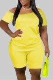 Yellow Fashion Casual Solid Basic Oblique Collar Plus Size Two Pieces