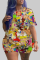 Dark green Fashion Casual Character Print Stitching O Neck Plus Size Two Pieces