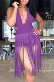 Purple Sleeveless Deep V Neck Hollow Out Slim Fit Tassel Vacation Wear Halter One-Piece Swimwear