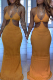 Yellow Fashion Sexy Solid Hollowed Out Backless V Neck Sling Dress