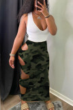 Army Green Sexy Casual Camouflage Print Hollowed Out Regular High Waist Skirt