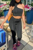 Black Sexy Casual Solid Hollowed Out Half A Turtleneck Sleeveless Two Pieces