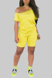 Yellow Fashion Casual Solid Basic Oblique Collar Plus Size Two Pieces
