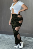 Army Green Sexy Casual Camouflage Print Hollowed Out Regular High Waist Skirt