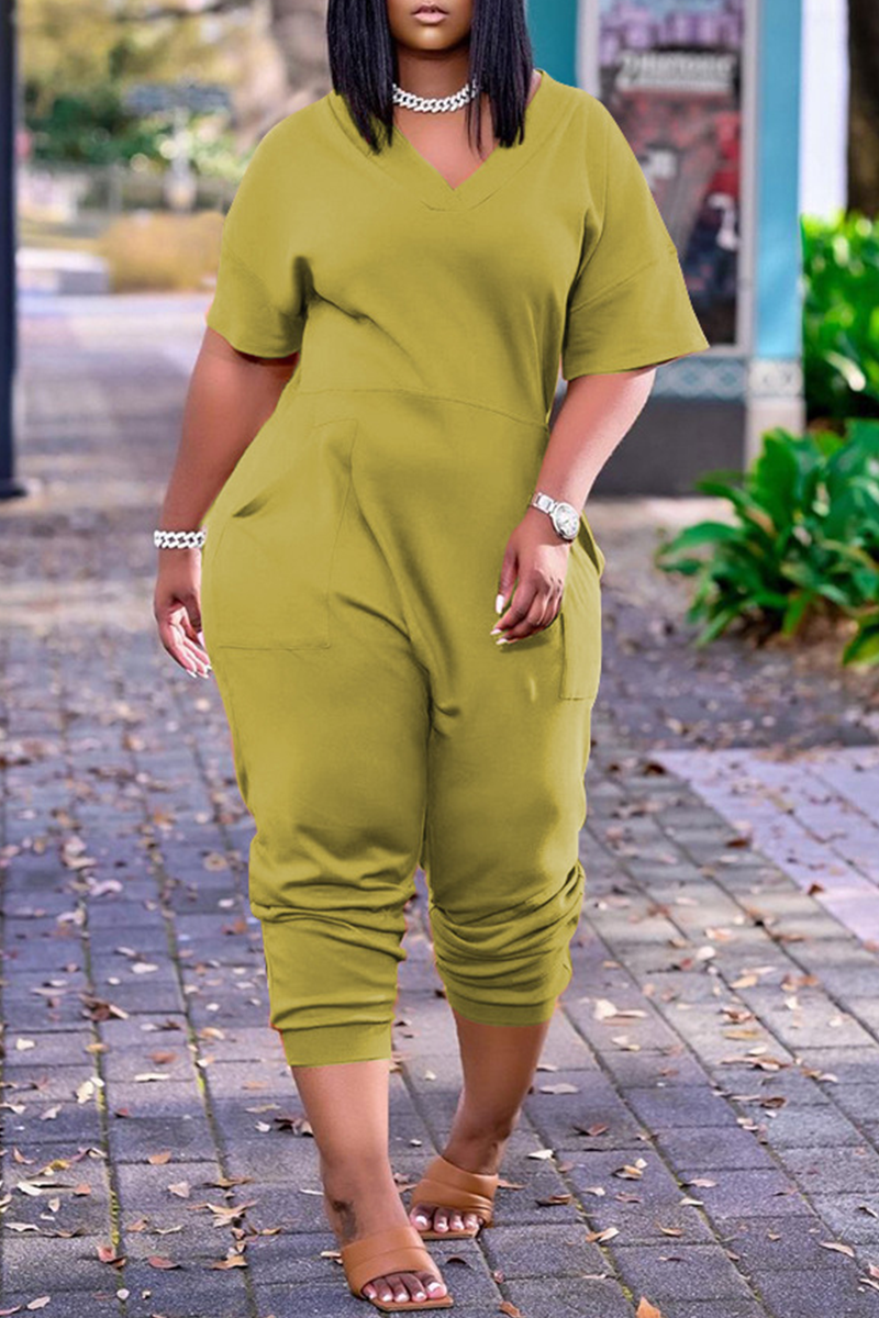 Light Green Fashion Casual Solid Basic V Neck Plus Size Jumpsuits_Plus ...