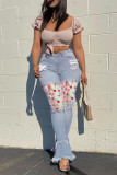 Baby Blue Fashion Casual Patchwork Ripped High Waist Regular Jeans