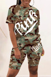 Red Fashion Casual Letter Camouflage Print Basic O Neck Short Sleeve Two Pieces