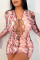 Pink Fashion Casual Print Hollowed Out Strap Design V Neck Long Sleeve Dresses