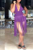 Purple Sleeveless Deep V Neck Hollow Out Slim Fit Tassel Vacation Wear Halter One-Piece Swimwear