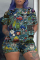 Dark green Fashion Casual Character Print Stitching O Neck Plus Size Two Pieces