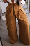 Khaki Fashion Casual Solid Basic Regular High Waist Wide Leg Plus Size Trousers