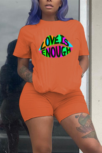 Orange Fashion Casual Active Letter Lips Print Short Sleeve Two Pieces