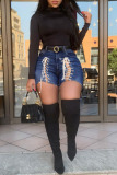 Deep Blue Casual Solid Bandage Buttons Without Belt Zipper Straight Mid Waist Patchwork Plus Size Denim Shorts