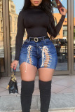 Deep Blue Casual Solid Bandage Buttons Without Belt Zipper Straight Mid Waist Patchwork Plus Size Denim Shorts
