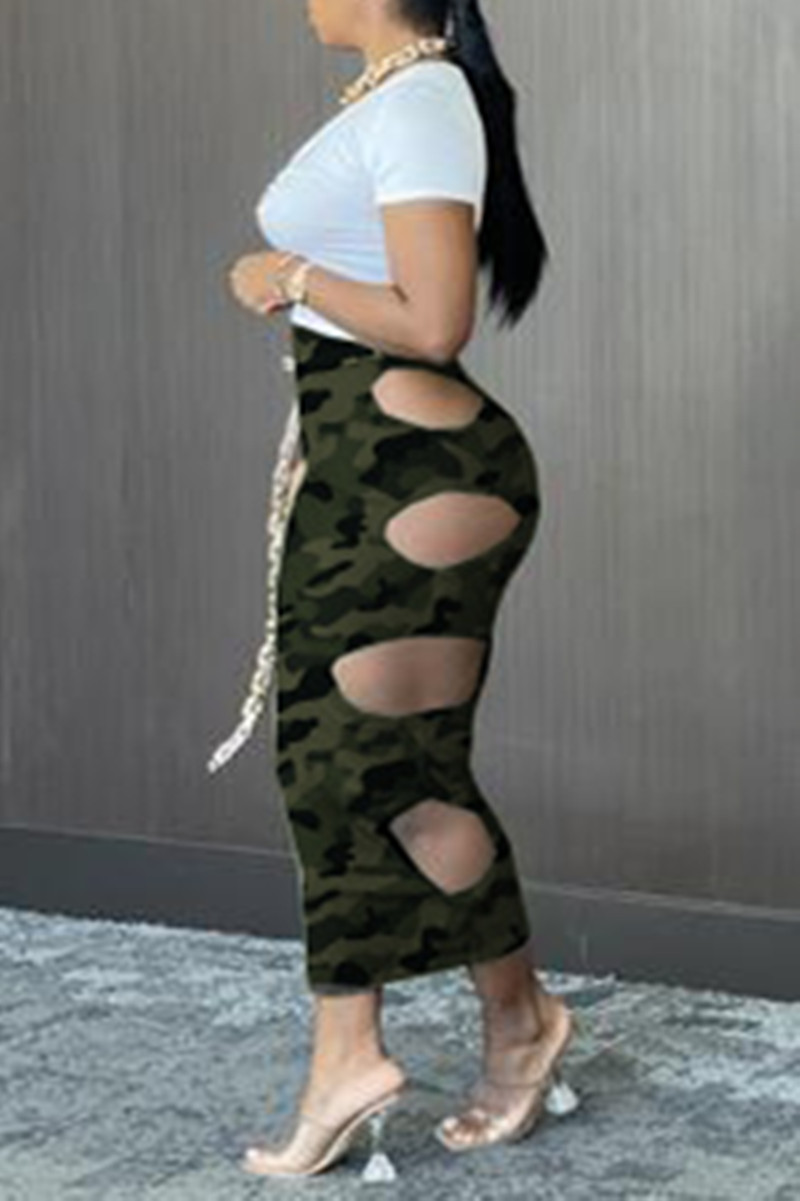 Wholesale Army Green Sexy Casual Camouflage Print Hollowed Out Regular High Waist Skirt K17641 1 7138