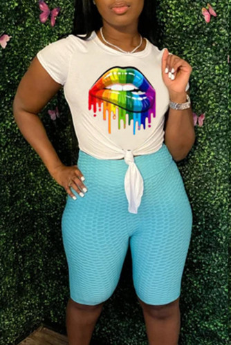 White Fashion Casual Lips Printed Basic O Neck Short Sleeve Two Pieces