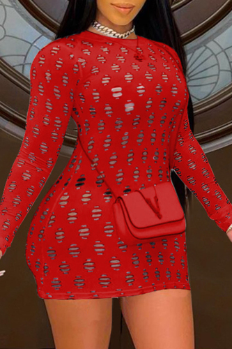 Red Fashion Sexy Solid Hollowed Out See-through O Neck Short Sleeve Dress