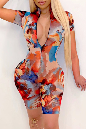 Red Fashion Casual Print Basic Zipper Collar Skinny Romper