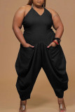 Black Fashion Casual Solid Backless V Neck Plus Size Jumpsuits