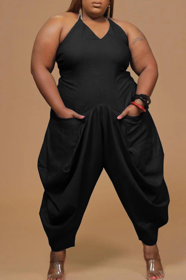 Black Fashion Casual Solid Backless V Neck Plus Size Jumpsuits