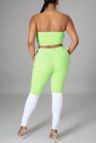 Fluorescent Green Sexy Casual Patchwork Backless Strap Design Strapless Sleeveless Two Pieces