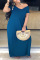 Blue Fashion Casual Plus Size Solid Basic V Neck Short Sleeve Dress