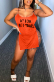 Orange Sexy Letter Print Backless Slit O Neck Sling Dress