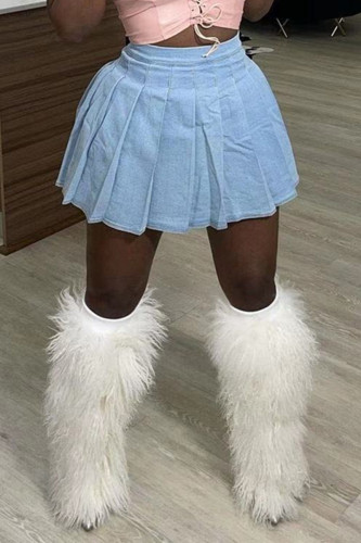 Baby Blue Fashion Casual Solid High Waist Regular Denim Pleated Skirt