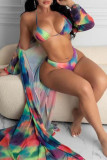 Multicolor Fashion Sexy Print Hollowed Out Cardigan Swimwears Three-piece Set