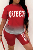 Red Fashion Casual Gradual Change Letter Print Basic O Neck Short Sleeve Two Pieces